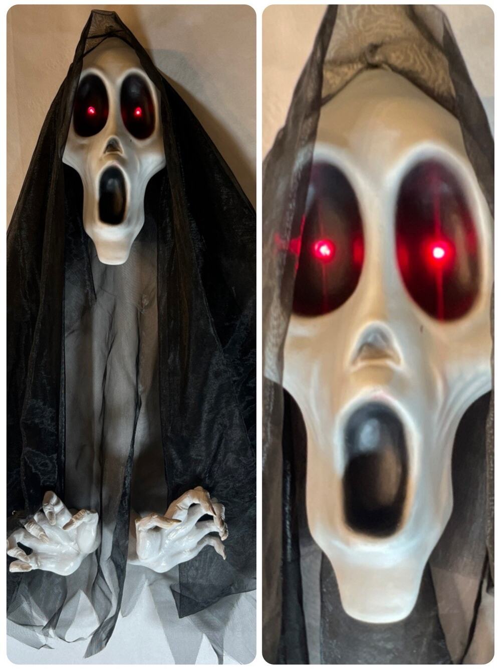 Grim Reaper Ghostface Scream Halloween Wall Hanging Red LED Eyes Black Gauze